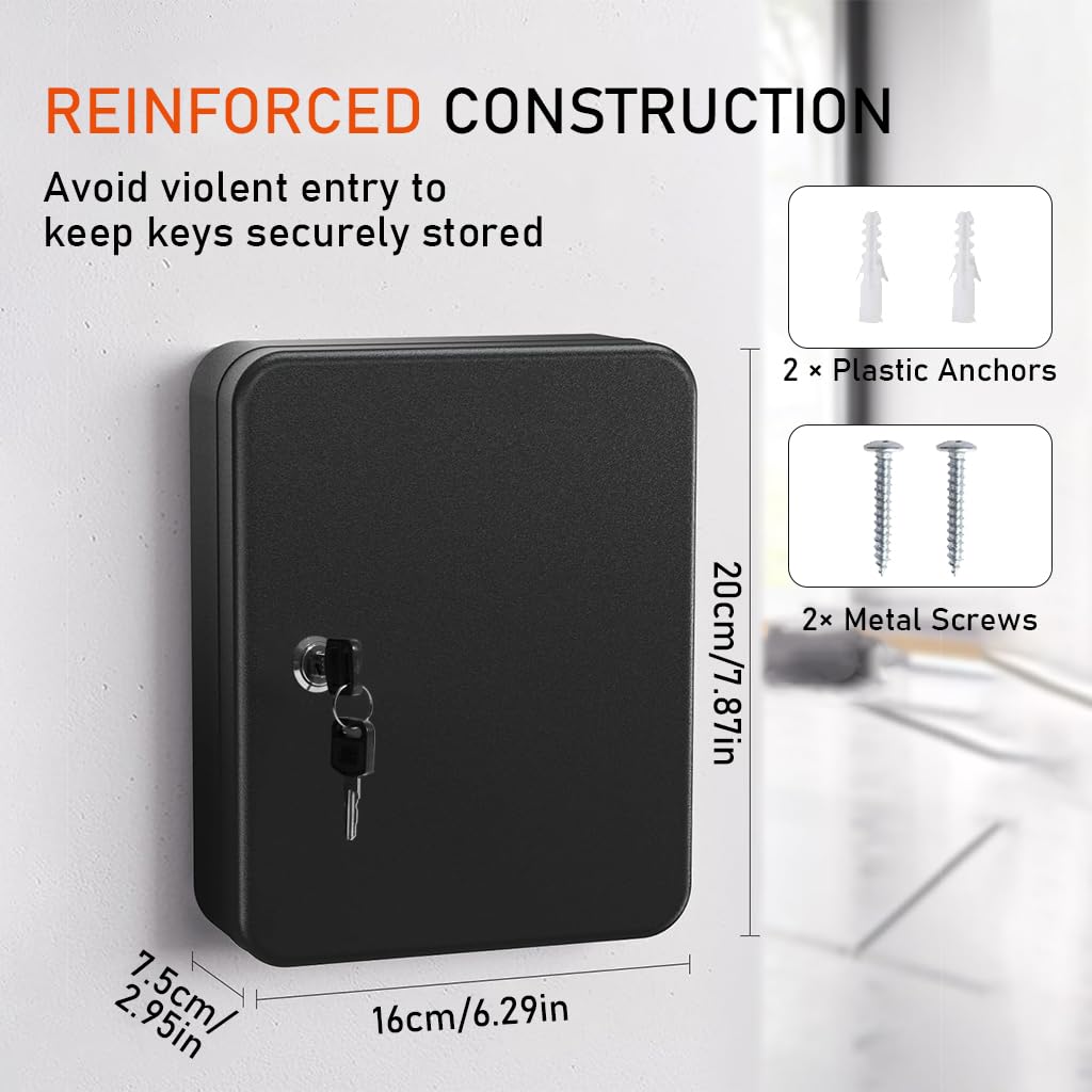 HASTHIP 20-Keys Steel Key Cabinet with 2 Unlocking Keys, Wall Mounted Key Organizer Black Frosted Security Box with Hooks and Large Key Tag Labels HASTHIP 20-Keys Steel Key Cabinet with 2 Unlocking Keys, Wall Mounted Key Organizer Black Frosted Security Box with Hooks and Large Key Tag Labels